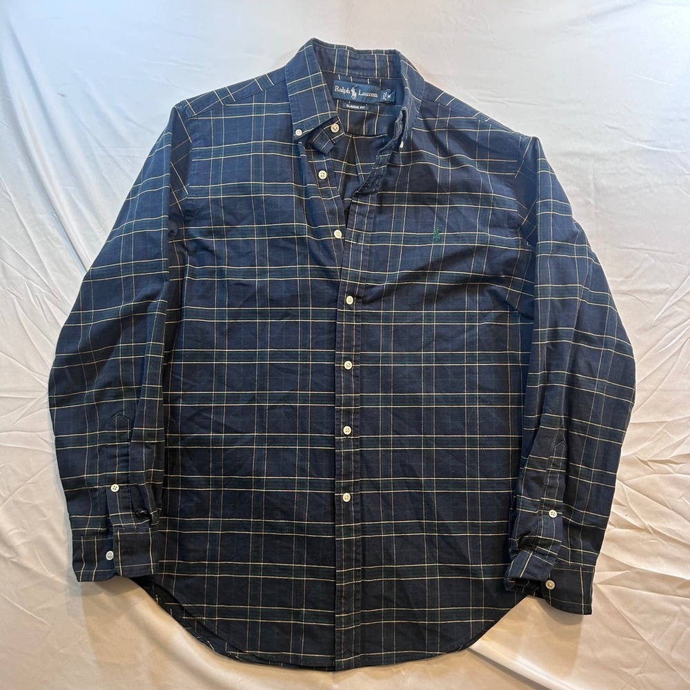 Ralph Lauren Mens Classic Fit Plaid Button Down Shirt Navy Green Yellow Size M